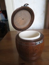 Vintage oak barrel shaped Arthur Wood tobacco jar with liner
