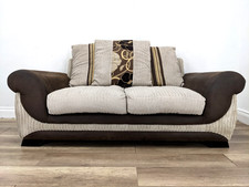 SOFA 2 Seater Two Tone Beige Jumbo Cord Brown Faux Suede Scatter Cushion Back