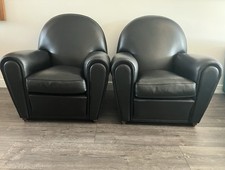 Pair Art Deco Style Club Armchairs In Black Leather With Wood Legs