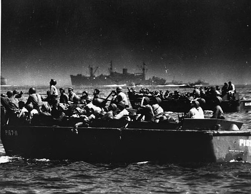 Landing barges loaded troops
