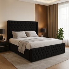 Ottoman Bed Winged Plush Velvet Chesterfield Storage Double & King Size Bed