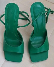 Zara Green High Heel Sandals UK4/EU37 Square Toe Ankle Straps Event Party Summer