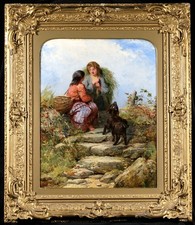 JAMES JOHN HILL (1811-1882) LARGE SIGNED ENGLISH OIL - GIRLS RESTING HARVEST 