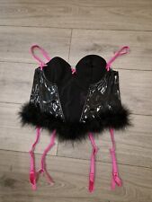 Vintage Ann Summers Black PVC Feather Trim Corset Basque Bustier Top Size 14-16