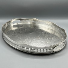 Large Vintage Silver Plated Gallery Serving Tray Butler Cocktail Handles Antique