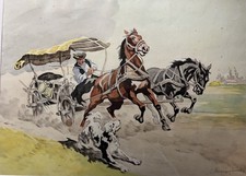 Istvan Benyovszky Hungarian Watercolour horse and cart rural scene signed