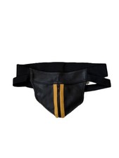 Men,s Leather Jockstrap With Yellow Front strips With Central zip Elastic Waist