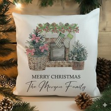 Personalised Christmas Cushion Fireplace Design Family Name Stockings Print