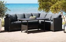 Black Stockholm 5-Seater Rattan Corner Lounge Set with Table Cushions Included