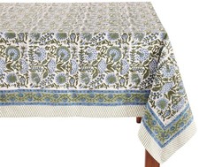 Clover Blue 100% Cotton Rectangle Spring Tablecloth, Handblock Floral Linen T...