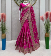 Pink embroidery silk saree indian women wedding party wear bridal designer sari