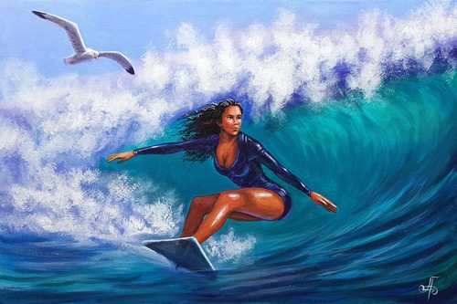 Original acrylic surfing woman - original,