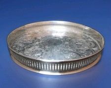 VINTAGE SHEFFIELD PLATE DRINKS TRAY ROUND GALLERIED SILVER ON COPPER ENGLAND (Z)