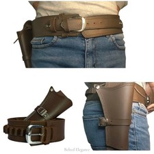 GUN HOLSTER REVOLVER & PISTOL WITH WAIST BELT GENUINE BROWN LEATHER COWBOY STYLE
