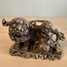 Antique Style Foo Dog with Ball Wood Sculpture 13x20cm Display Decor
