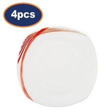 Dinner Plate Porcelain 25cm Square Red Lines Serving Dish Tableware White 4Pcs