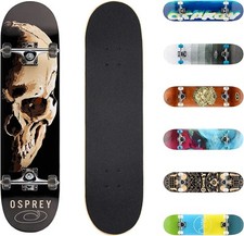 Osprey Complete Double Kick Skateboard, Maple Concave Deck Skull Sessions