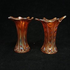 Vintage Imperial Morning Glory Vases x2 Amber Glass Carnival Ware RMF30-SJT