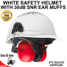 SAFETY HELMET WITH EAR MUFFS,CONSTRUCTION, BUILDERS, SITE, WHITE, EAR DEFENDERS