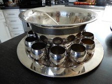 NEWBURYPORT Large Punch Bowl Set Ladle 12 Cups & Tray Silver Plated Signed Back