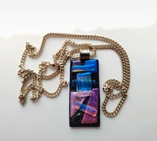 Sterling Silver Chain Necklace With Dichroic Pink Blue Glass Pendant