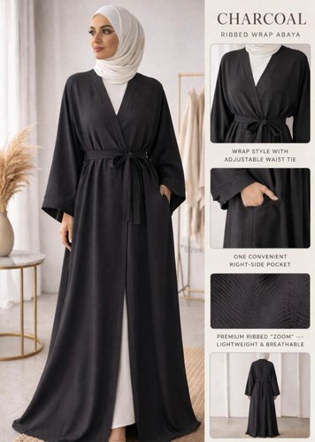 Women ribbed wrap abaya - wrap,