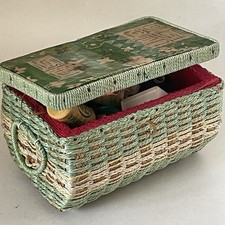 Antique Vintage Wicker Sewing Box Basket Art Deco Green  Handles With Contents