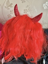 Red Devil Synthetic Wig With Horns Halloween - red
