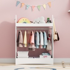 White Kids Wardrobe Rail with Mirror Children's Storage Organizer Open Wardrobe