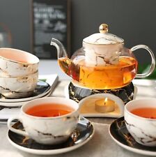 Teapot 10pcs Gift Box Set Gold Marble Pattern glass & ceramic, base, cup, saucer
