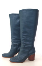 BODEN Teal Leather Heeled Long Boots - Chunky Stacked Heel - UK 38 - Good Condit