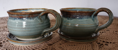 Green studio pottery mugs - 2, x