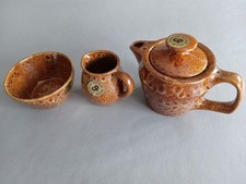 Vintage Churston Pottery Devon Teapot Milk Jug & Sugar Bowl Honeycomb Glazed