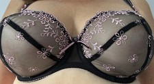 Freya Siren AA1013 BLK Black & Pink Detail Semi Sheer Underwire Plunge Bra  34F