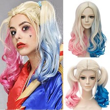 Adult Kids Cosplay Suicide Squad Harley Quinn Wig Halloween Party Curly Wigs