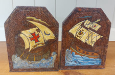 Vintage 1930s hand painted bookends, sailing ship, galleon book ends 1931 signed