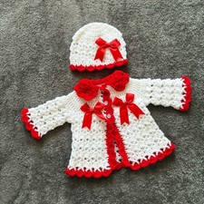 Baby Girls Handmade Crochet Cardigan - Matinee Jacket And Hat Set White And Red