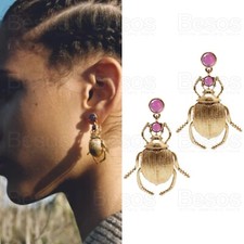 Zara Dup Earrings Gold Bug Insect Drop Pink Glass Stones Stud Vtg Beetle Cicada