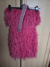 Pink Feather Sparkly Dress With Belt