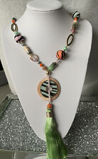 Green Multicoloured Longline Statement Lagenlook Beaded Tassel Necklace BNWT GN1