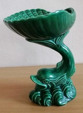 Vintage Dolphin Shell Soap Dish /Dartmouth Pottery - Green 9 inch Tall
