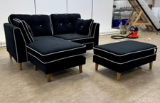 'Rugby' 3 Seater Sofa Black Velvet Fabric Reversible Lounger + Footstool NEW