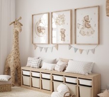 Teddy Bear Print Baby Neutral Nursery Beige Print  3 Set Wall Art Picture Home