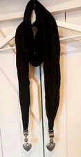 Black Cotton Scarf With Silver Metal Heart Tassel Ends