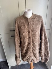 Hand Knitted beige Aran Wool Blend Cable Knit Cardigan Size Large with Pockets