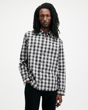 AllSaints Men's Plaid Button-Up Shirt Black 2XL Relaxed Fit Organic Cotton