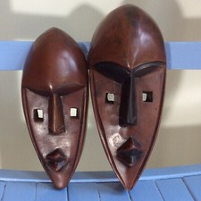 2 Wooden Hand-Carved Wood Face Masks Square Eyes Wall Hanging 8 ¼” + 7 ¼” Decor