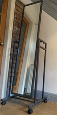 Freestanding Mirror Full Length Grey Metal & Hanging Rail Tilted Heavy Casters