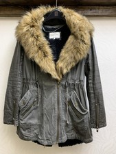 River Island Women's Green Parka Coat +Detachable Fur Collar + Sides Size 12 VGC