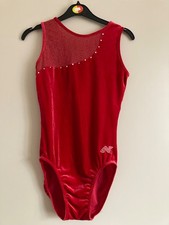Girl's 'Alpha Factor' red, sleeveless,velour gymnastic leotard. Medium adult